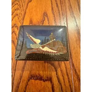 Russian Lacquered Black Trinket Box Artist Signed Crane Loon Bird Flying Forest